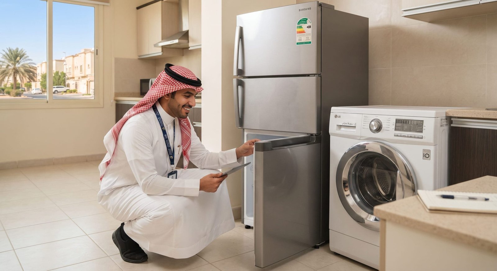 فني من شركة السيف يقوم بمعاينة ثلاجة وغسالة مستعملة في منزل بالرياض قبل الشراء